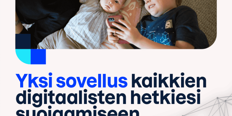 Perhe käyttää mobiililaitetta kotona F-Secure-sovelluksella suojattuna – nettihuijaukset.
