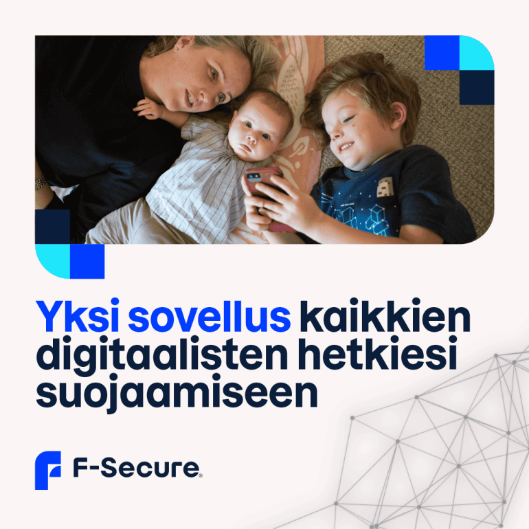 Perhe käyttää mobiililaitetta kotona F-Secure-sovelluksella suojattuna – nettihuijaukset.