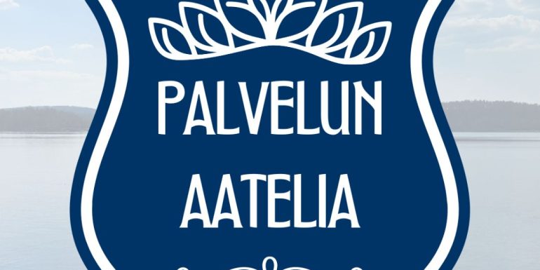 Palvelun aatelia -kilpailun sinivalkoinen tunnus, jossa teksti ”Palvelun aatelia” kilpimäisen merkin sisällä järvimaisemaa vasten.